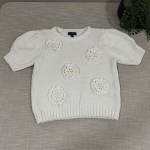 Greige Knit Puff Sleeve Floral Applique Sweater Size Small
